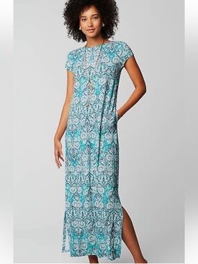 J. Jill Teal Printed Short-Sleeve dress side slits stretch medium pockets